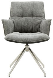 Grauer Sessel mit gepolsterter Sitzfläche und Rückenlehne, auf einem modernen Metallgestell, Frontalansicht.