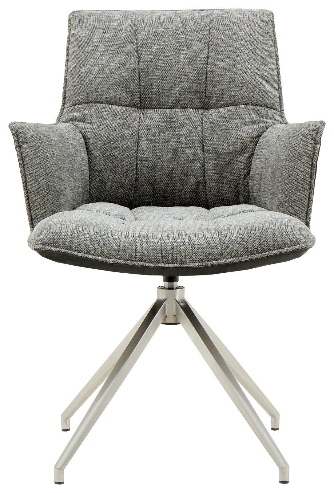 Grauer Sessel mit gepolsterter Sitzfläche und Rückenlehne, auf einem modernen Metallgestell, Frontalansicht.