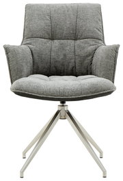 Grauer Sessel mit gepolsterter Sitzfläche und Rückenlehne, auf einem modernen Metallgestell, Frontalansicht.