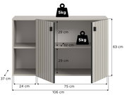 Frontansicht eines grauen Sideboards/Schranks mit zwei geöffneten geriffelten Türen, Innenfächern und Maßangaben (106 cm Breite, 63 cm Höhe, 37 cm Tiefe) sowie 5-kg-Belastungsangaben.