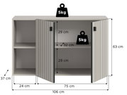 Frontansicht eines grauen Sideboards/Schranks mit zwei geöffneten geriffelten Türen, Innenfächern und Maßangaben (106 cm Breite, 63 cm Höhe, 37 cm Tiefe) sowie 5-kg-Belastungsangaben.