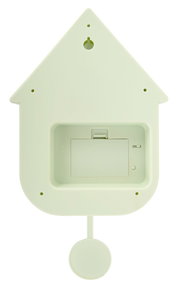 Rückansicht einer Wanduhr in Form eines Hauses mit Batteriefach und Aufhängung.