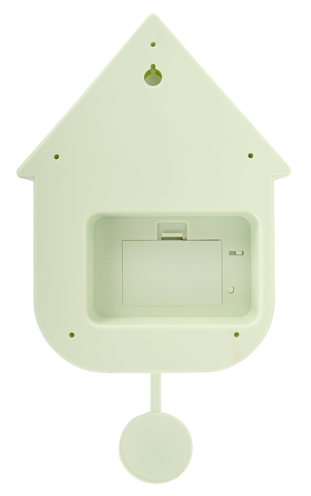 Rückansicht einer Wanduhr in Form eines Hauses mit Batteriefach und Aufhängung.