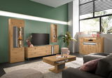 Modernes Wohnzimmer mit Highboard in Holzoptik, seitliche Perspektive