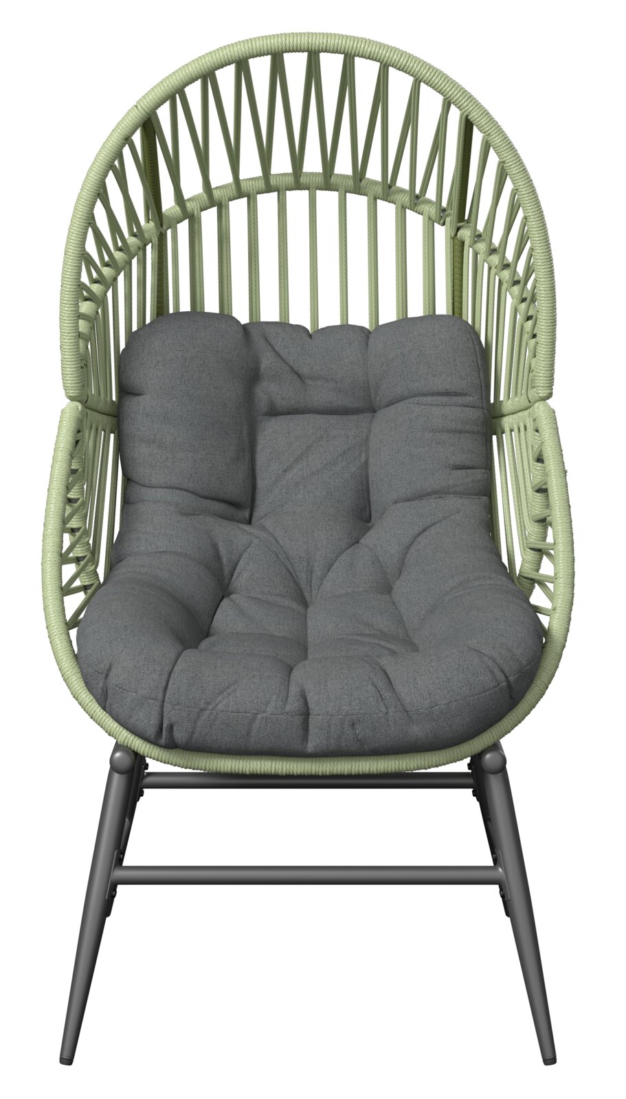 Gartensessel mit grünem Geflecht und grauem Kissen, Frontalansicht