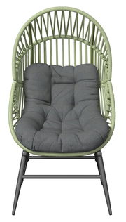 Gartensessel mit grünem Geflecht und grauem Kissen, Frontalansicht