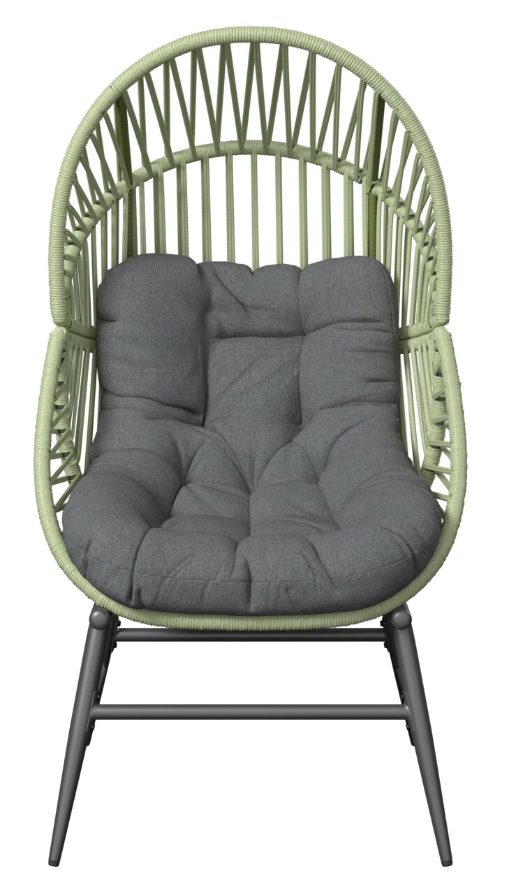 Gartensessel mit grünem Geflecht und grauem Kissen, Frontalansicht