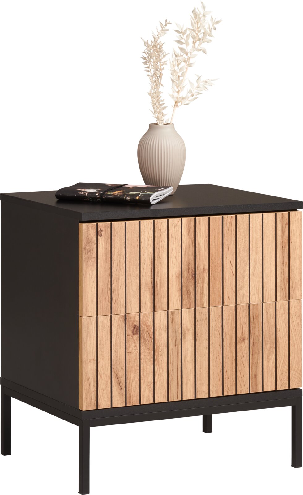 Moderne Nachtkommode mit Holzfront und schwarzem Korpus, dekoriert mit einer Vase und einem Buch, seitliche Perspektive