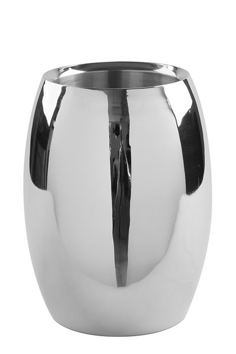 Eleganter Weinkühler aus Edelstahl in zylindrischer Form, frontal abgebildet.