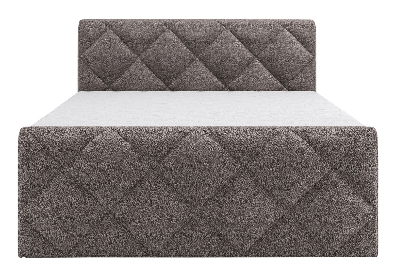 Frontale Ansicht eines grauen Boxspringbetts mit gestepptem Kopfteil und Fußteil.