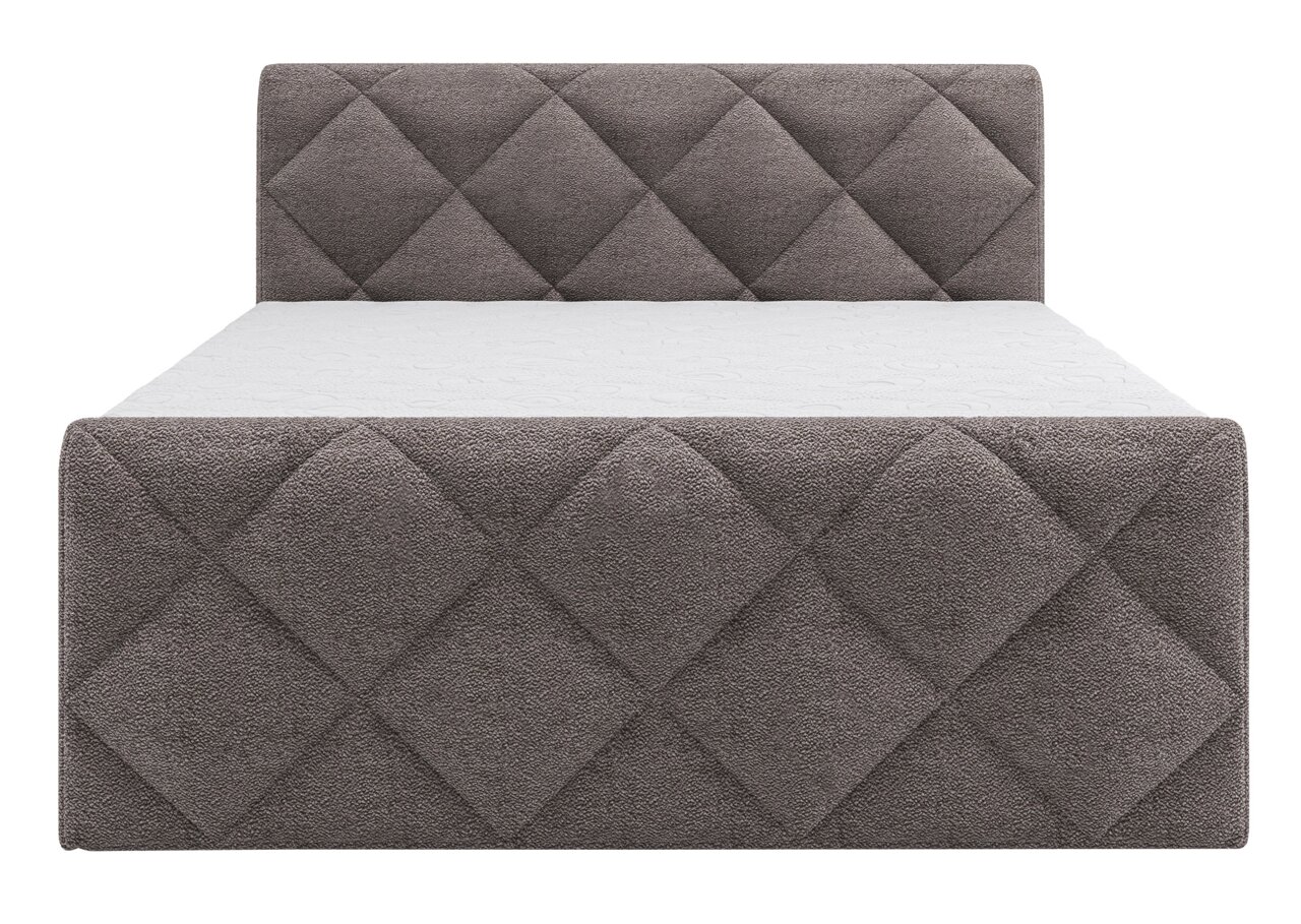 Vooraanzicht van een grijs boxspringbed met een doorgestikt hoofdeinde en voeteneinde.
