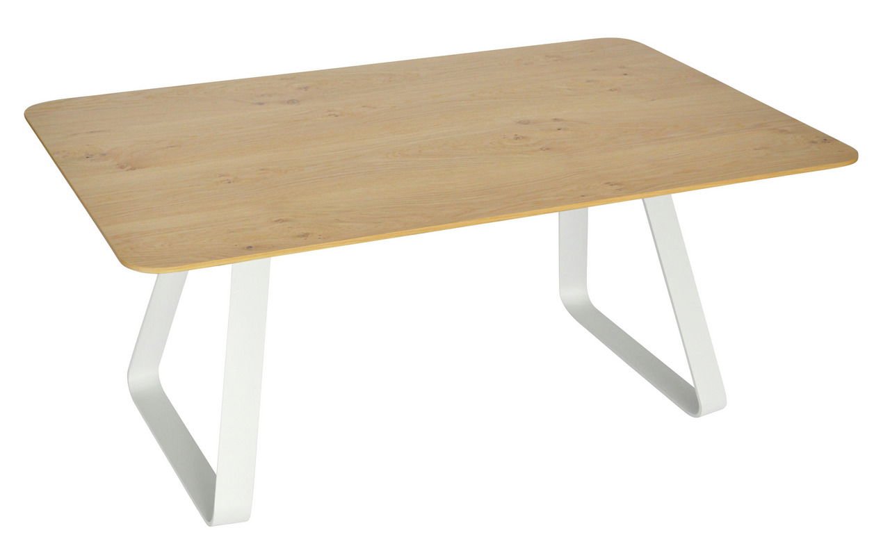 Moderner Couchtisch mit rechteckiger Holzplatte und weißen Metallbeinen, seitliche Perspektive