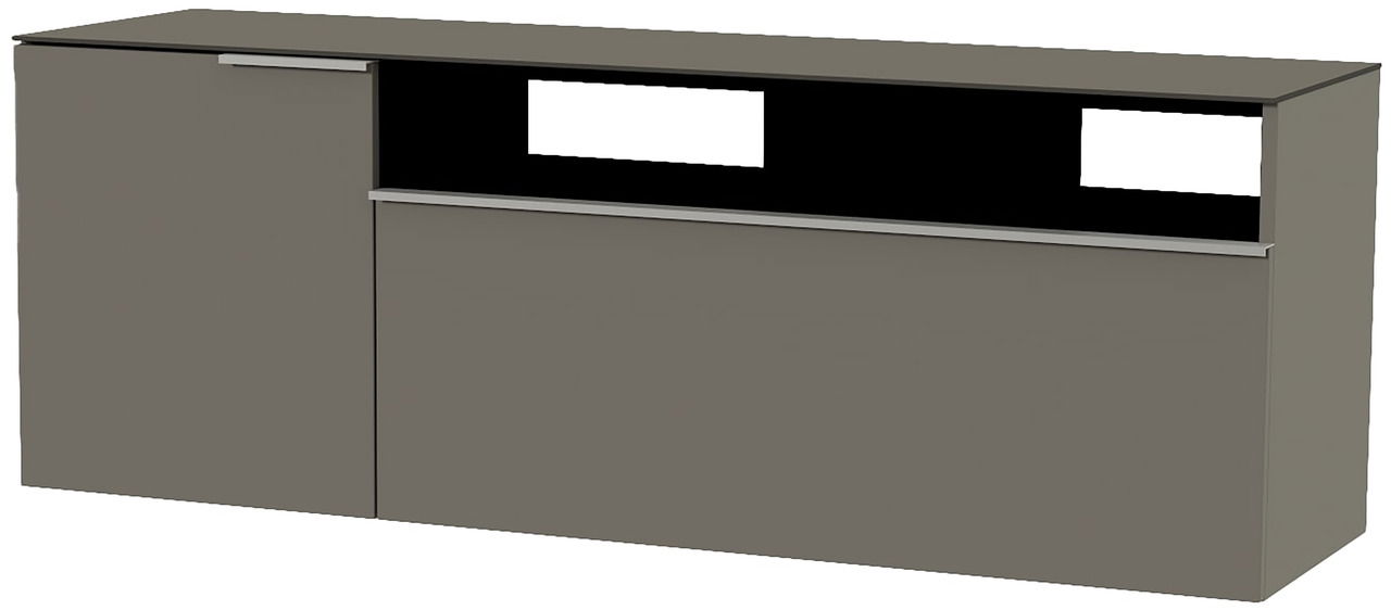 Hänge-Lowboard in grauer Farbe mit einer Tür und einem offenen Fach, seitliche Perspektive