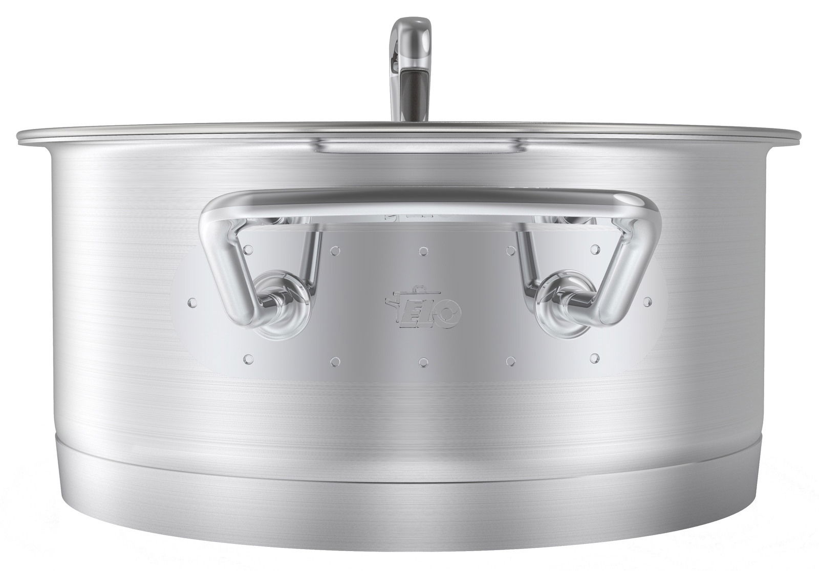 Nahaufnahme eines Edelstahlkochtopfs mit robusten Griffen, seitliche Perspektive.
