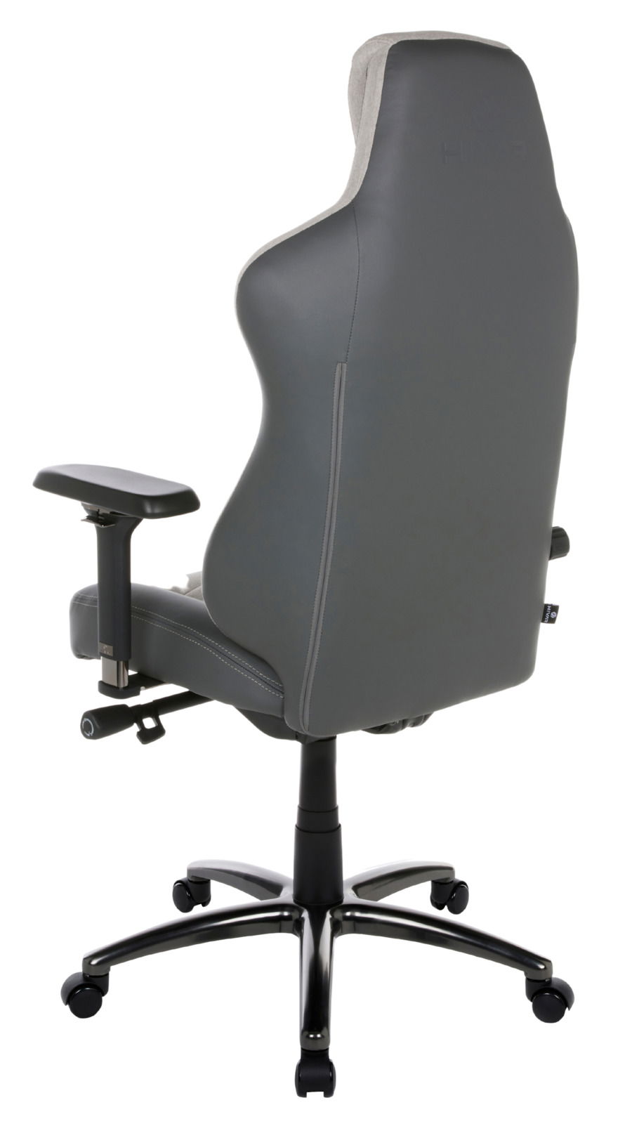 Rückansicht eines grauen Gaming-Stuhls mit verstellbaren Armlehnen und stabiler Basis auf Rollen.