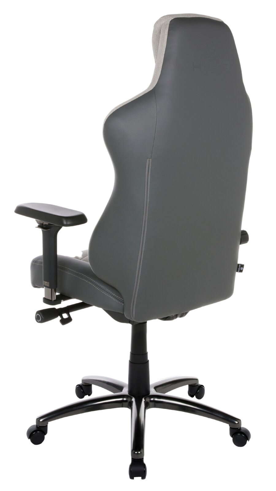 Rückansicht eines grauen Gaming-Stuhls mit verstellbaren Armlehnen und stabiler Basis auf Rollen.