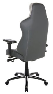 Rückansicht eines grauen Gaming-Stuhls mit verstellbaren Armlehnen und stabiler Basis auf Rollen.