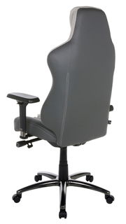 Rückansicht eines grauen Gaming-Stuhls mit verstellbaren Armlehnen und stabiler Basis auf Rollen.