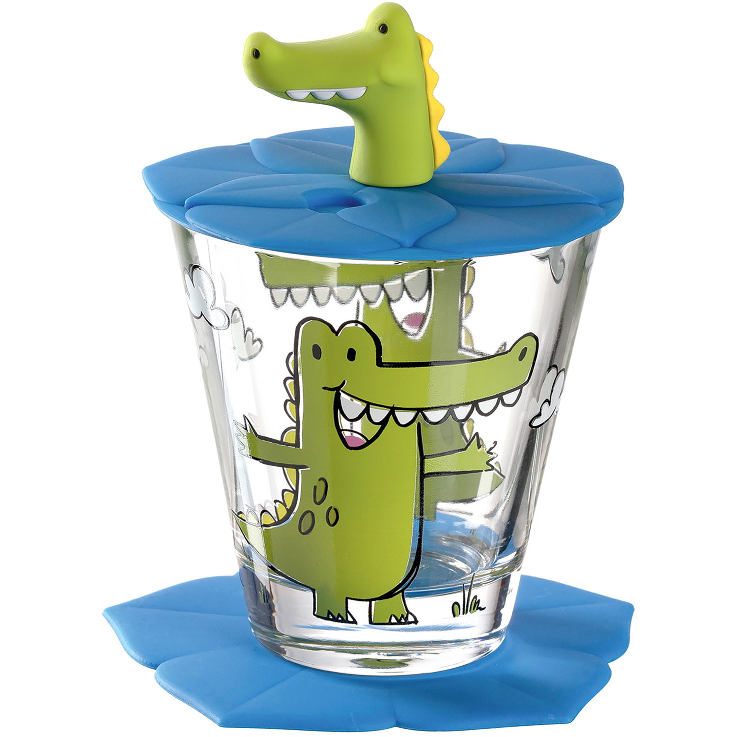 Kindertrinkset mit Krokodilmotiv, bestehend aus einem Glas mit blauem Deckel und Krokodilfigur, seitliche Perspektive