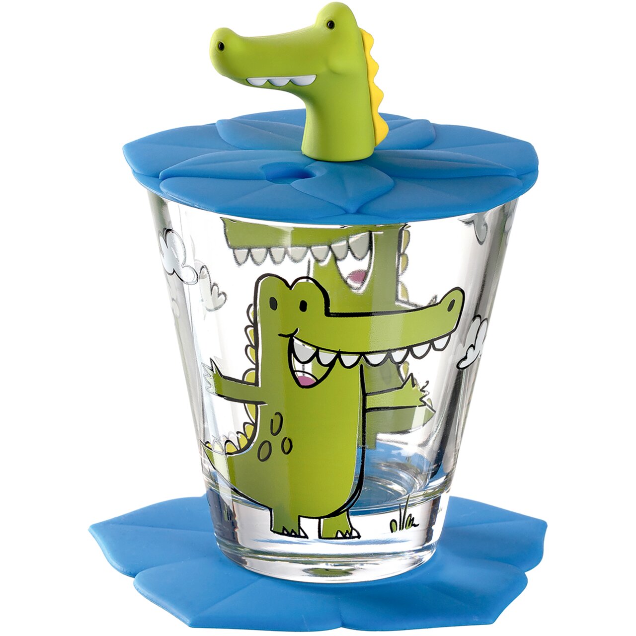 Kinderdrinkset met krokodillenmotief, bestaande uit een glas met blauw deksel en een krokodillenfiguurtje, zijaanzicht