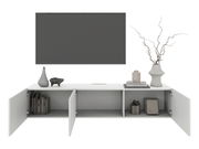 Frontale Ansicht eines weißen TV-Hängelowboards mit offenen Türen, dekoriert mit Vasen, Büchern und einem Fernseher darüber.