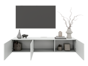 Frontale Ansicht eines weißen TV-Hängelowboards mit offenen Türen, dekoriert mit Vasen, Büchern und einem Fernseher darüber.