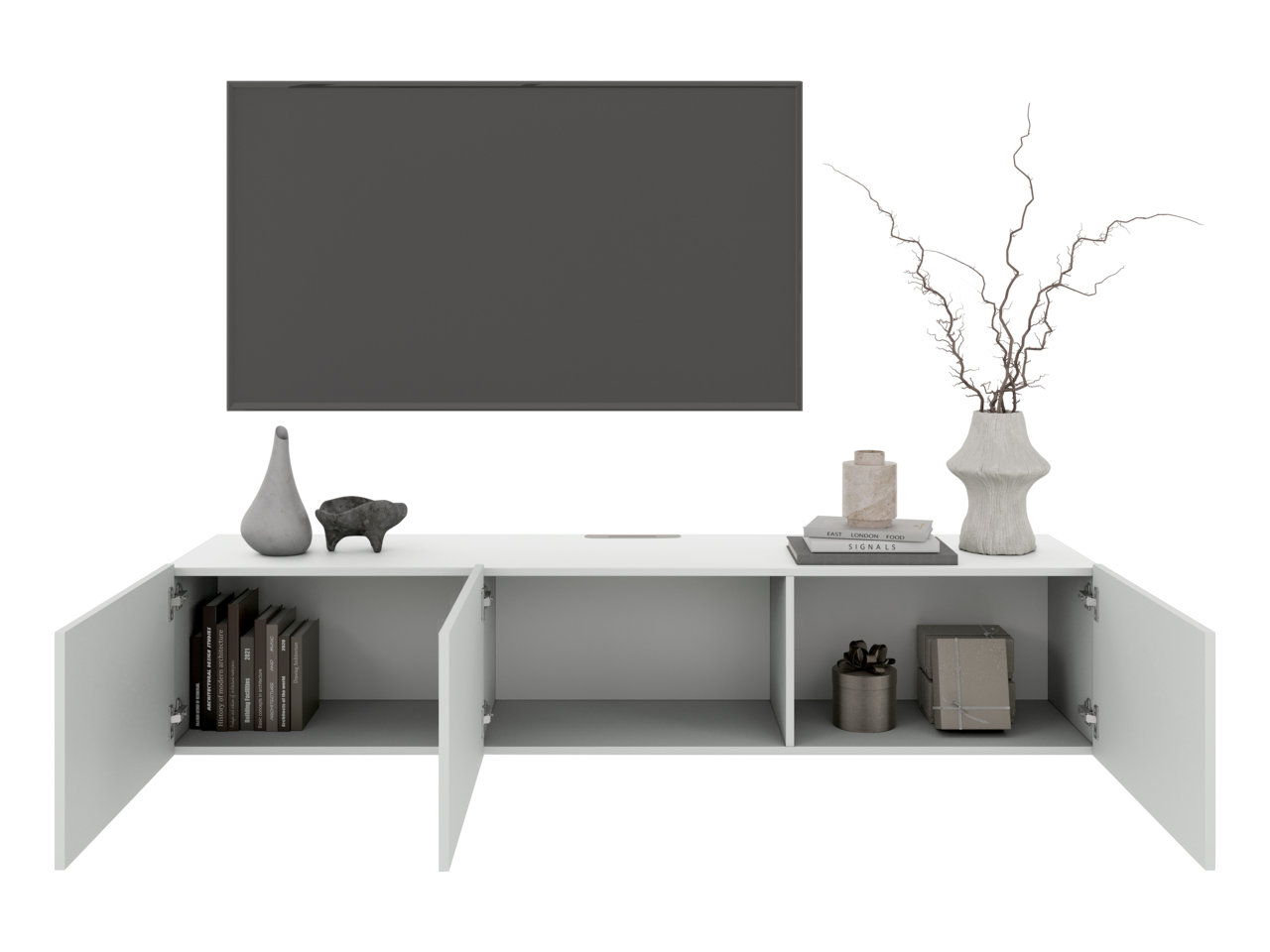 Frontale Ansicht eines weißen TV-Hängelowboards mit offenen Türen, dekoriert mit Vasen, Büchern und einem Fernseher darüber.