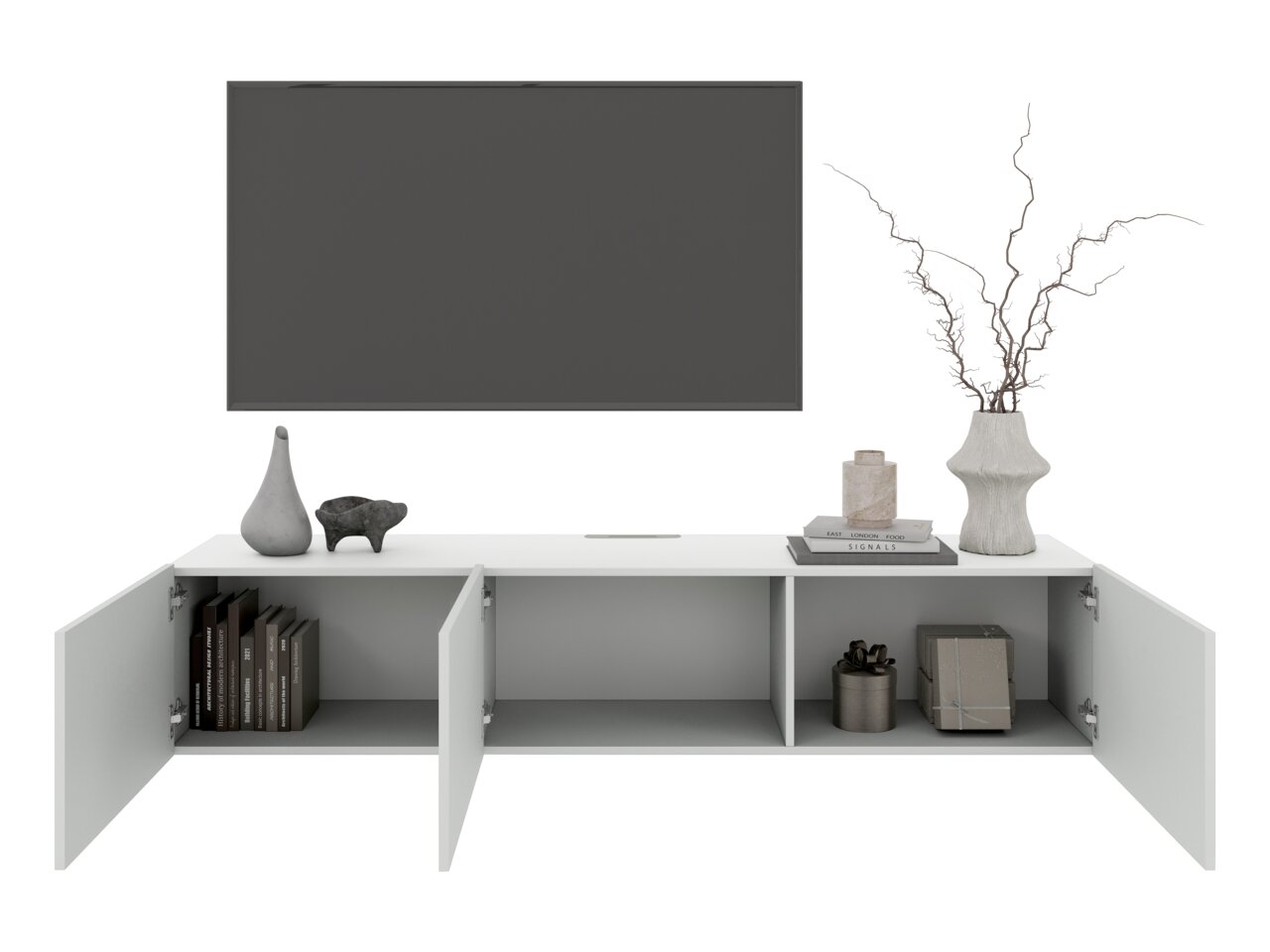 Frontale Ansicht eines weißen TV-Hängelowboards mit offenen Türen, dekoriert mit Vasen, Büchern und einem Fernseher darüber.