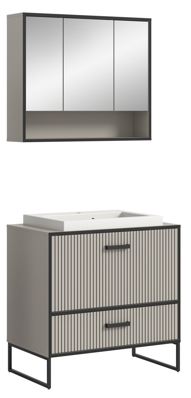 Moderne Badkombination mit Spiegelschrank und Waschbeckenunterschrank in Frontansicht