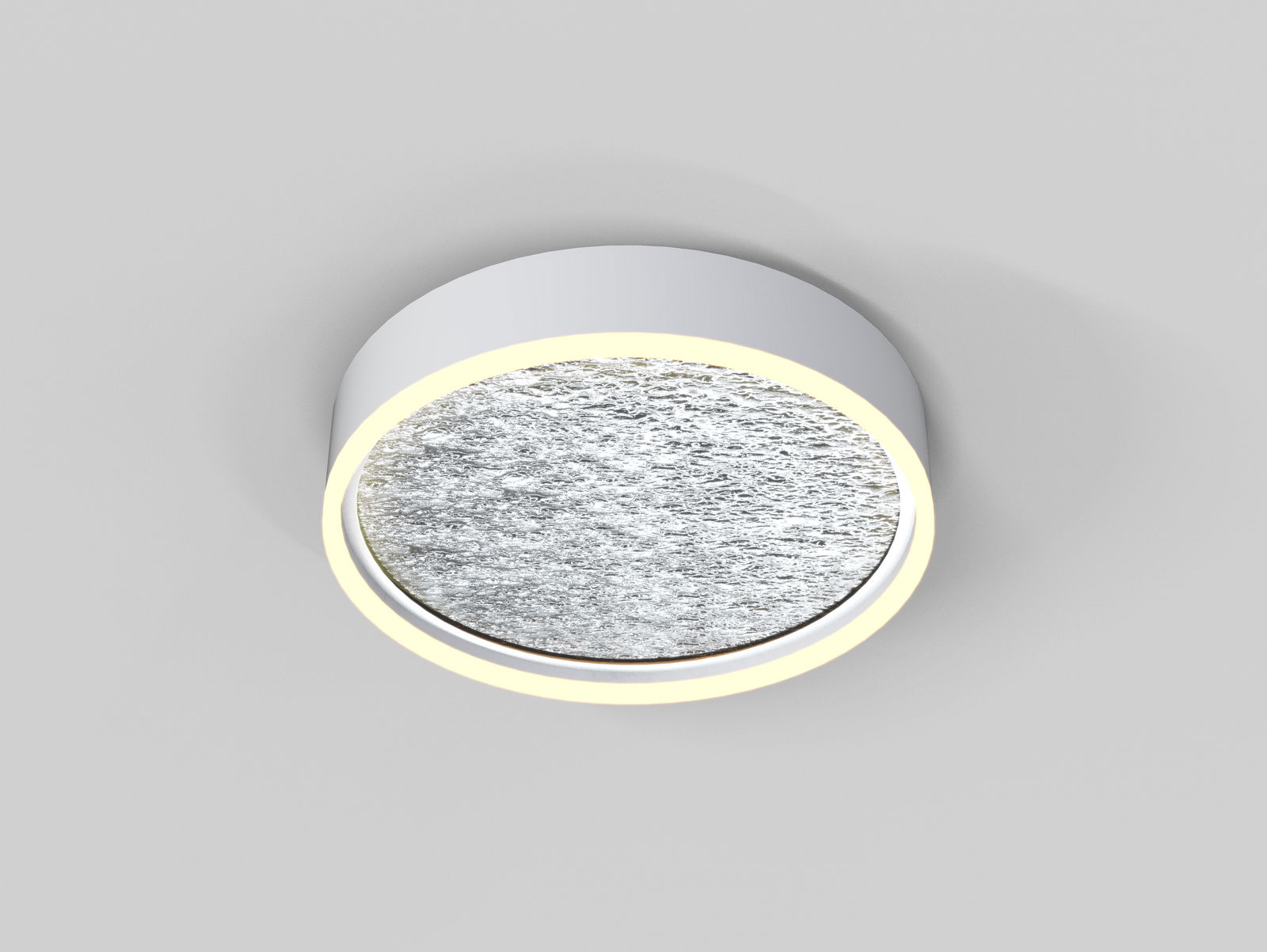 Moderne Deckenleuchte Bordeaux von WOFI in runder Form mit silberner Oberfläche und leuchtendem Rand, Ansicht von unten.