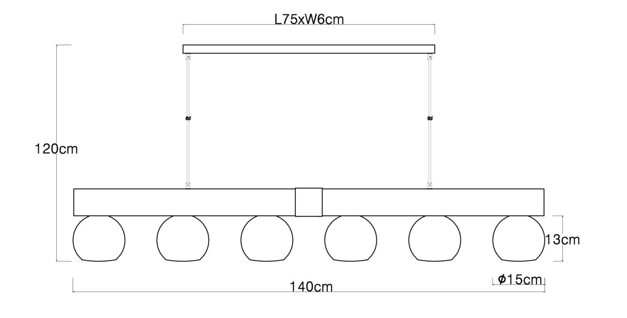 Technische Zeichnung einer Hängeleuchte mit sechs kugelförmigen Lampenschirmen, Gesamtbreite 140 cm, Höhe 120 cm, Seitenansicht.