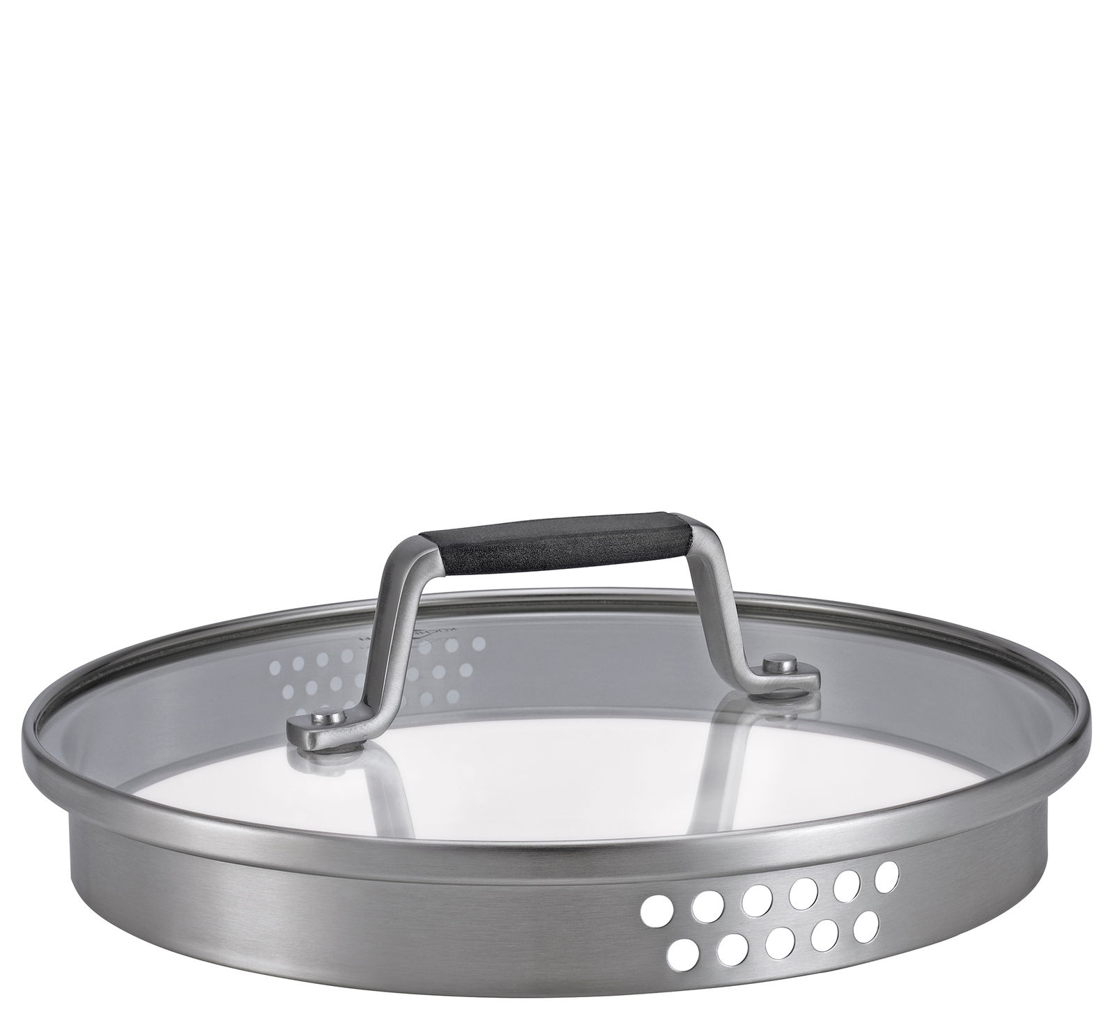 Topfdeckel aus Glas und Edelstahl mit schwarzem Griff, seitliche Perspektive