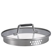 Topfdeckel aus Glas und Edelstahl mit schwarzem Griff, seitliche Perspektive