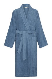 Blauer Bademantel mit Schalkragen und Gürtel, Vorderansicht