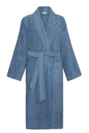Blauwe badjas met sjaalkraag en ceintuur, vooraanzicht