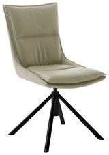 Moderner Stuhl mit gepolsterter Sitzfläche und Rückenlehne in hellem Beige, schwarzes Metallgestell, seitliche Perspektive