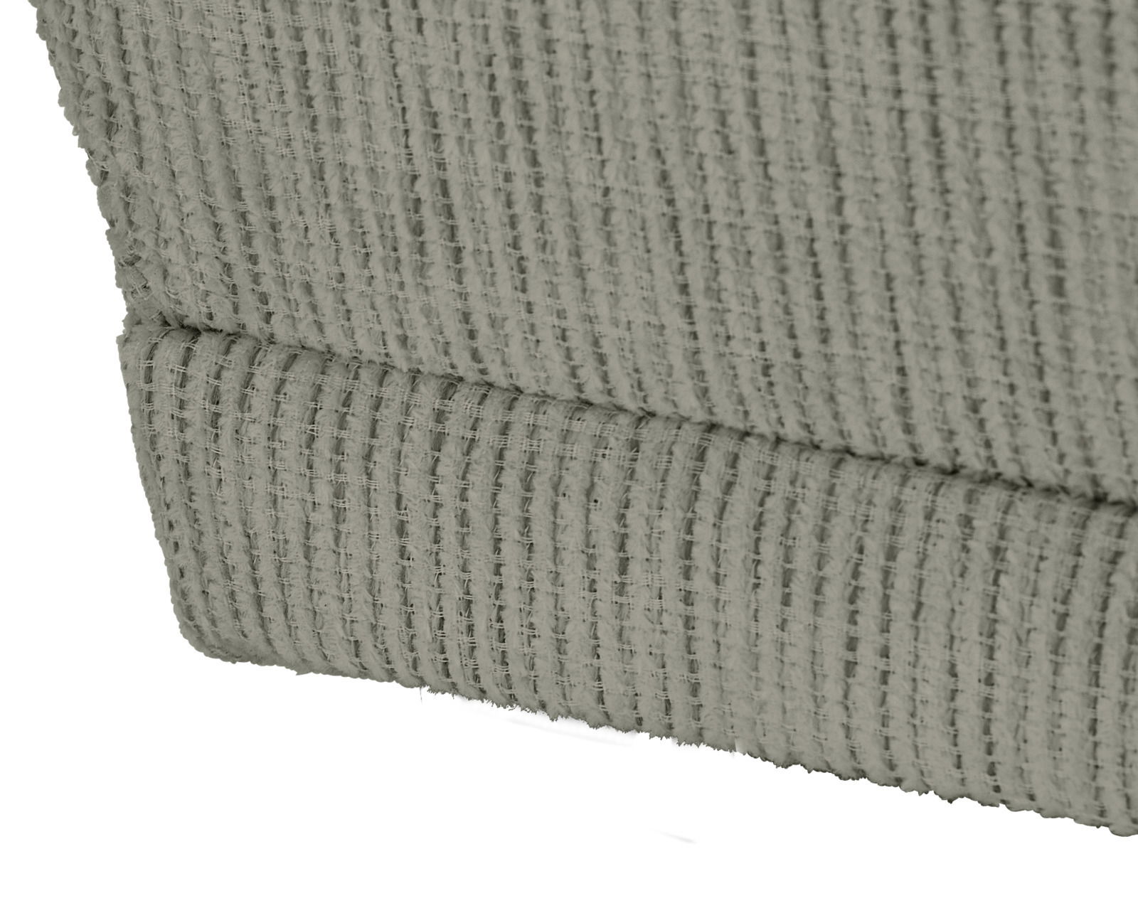 Nahaufnahme einer Recamiere mit strukturiertem Stoff in hellgrauer Farbe, seitliche Perspektive