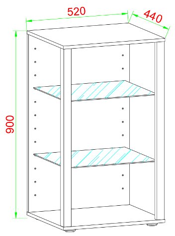 Technische Zeichnung eines offenen Regalschranks mit zwei Einlegeböden, Maße 520 x 440 x 900 mm, perspektivische Ansicht von schräg vorne