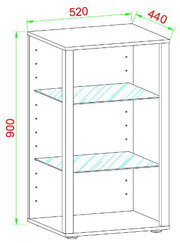 Technische Zeichnung eines offenen Regalschranks mit zwei Einlegeböden, Maße 520 x 440 x 900 mm, perspektivische Ansicht von schräg vorne