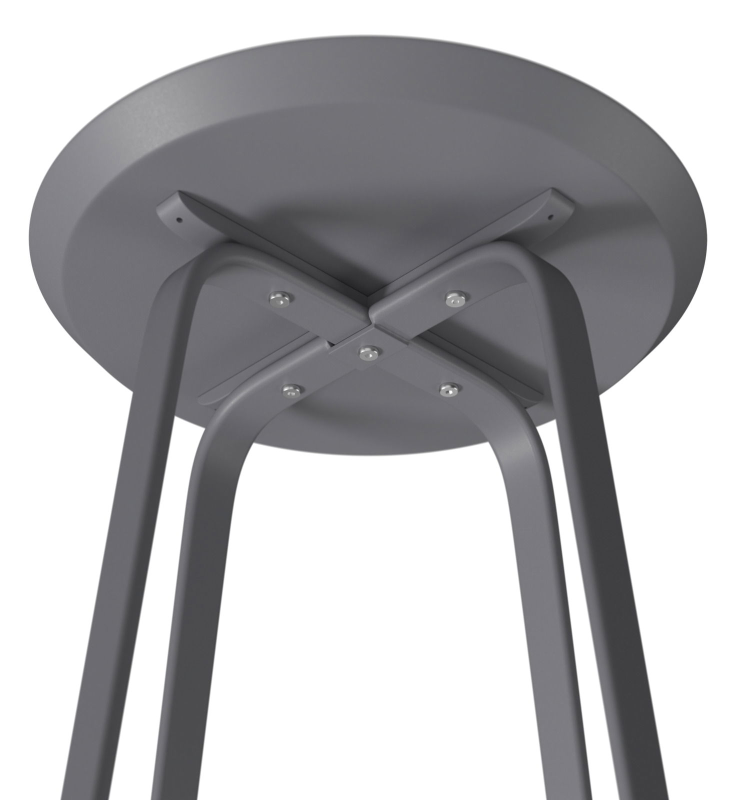 Unteransicht eines grauen Beistelltisches mit Metallbeinen und runder Tischplatte.