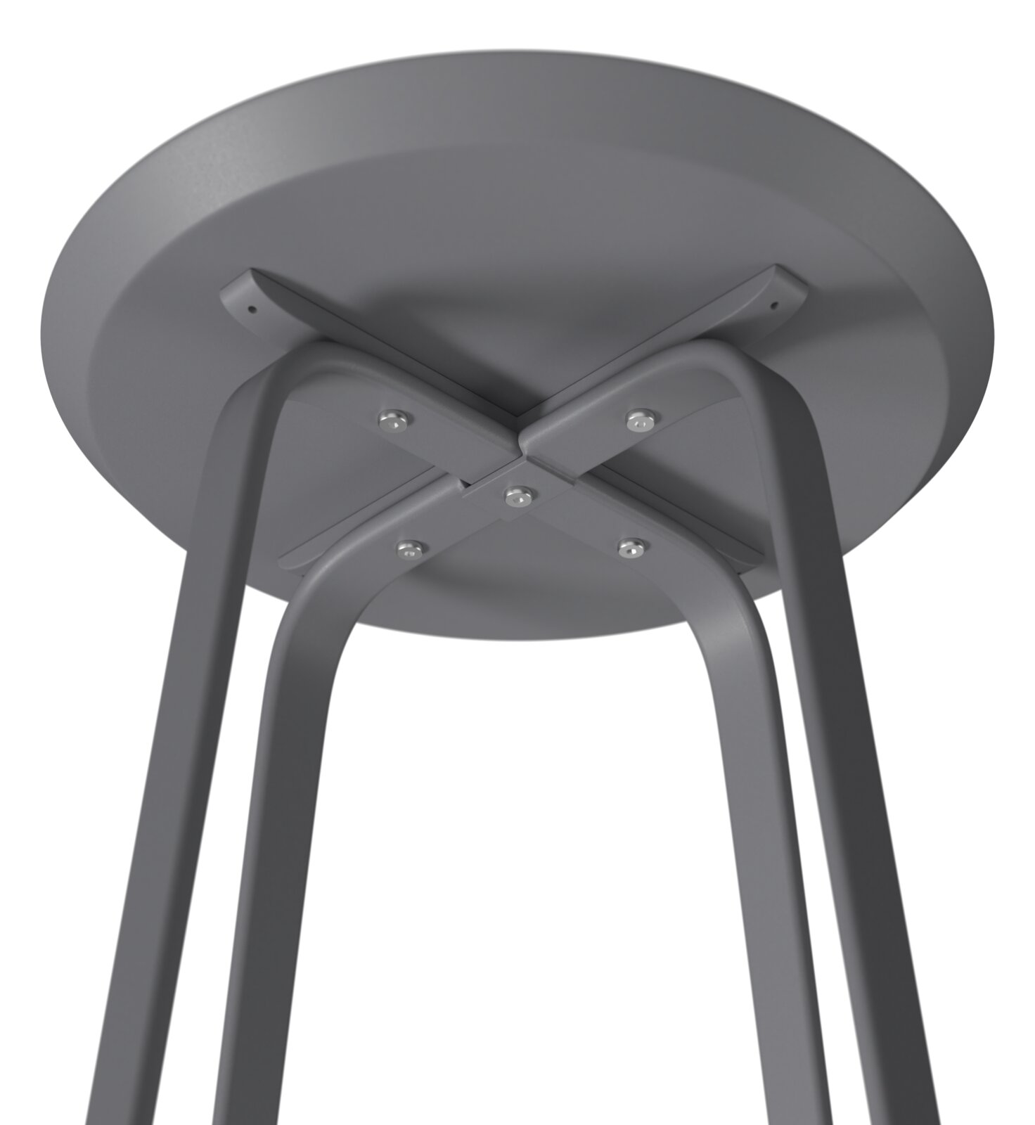 Unteransicht eines grauen Beistelltisches mit Metallbeinen und runder Tischplatte.