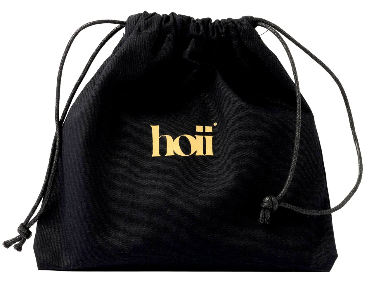 hoii Schlüsseltasche EVITA Schwarze Stofftasche mit Kordelzug, Vorderansicht, mit goldenem 'hoi' Logo.