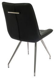 Rückansicht eines modernen schwarzen Stuhls mit Metallbeinen und einem Griff an der Rückenlehne.