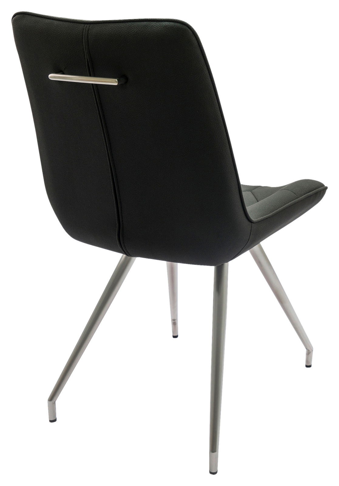 Rückansicht eines modernen schwarzen Stuhls mit Metallbeinen und einem Griff an der Rückenlehne.