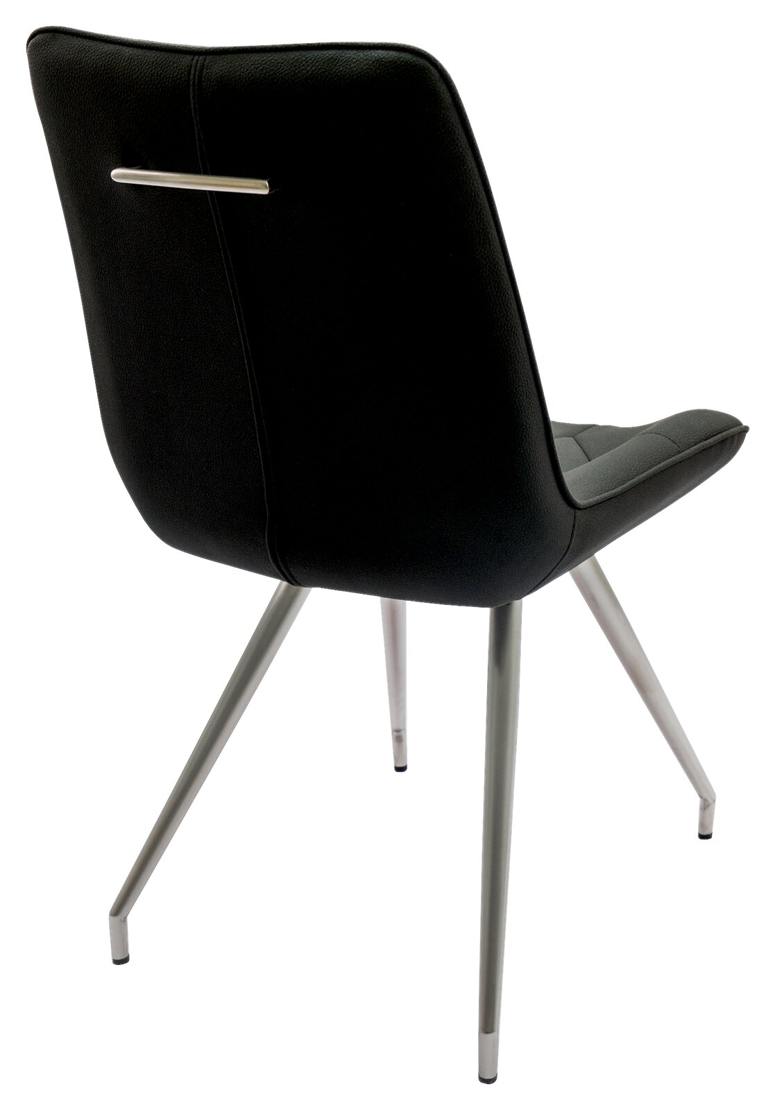 Rückansicht eines modernen schwarzen Stuhls mit Metallbeinen und einem Griff an der Rückenlehne.