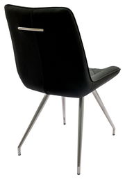 Rückansicht eines modernen schwarzen Stuhls mit Metallbeinen und einem Griff an der Rückenlehne.