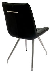 Rückansicht eines modernen schwarzen Stuhls mit Metallbeinen und einem Griff an der Rückenlehne.