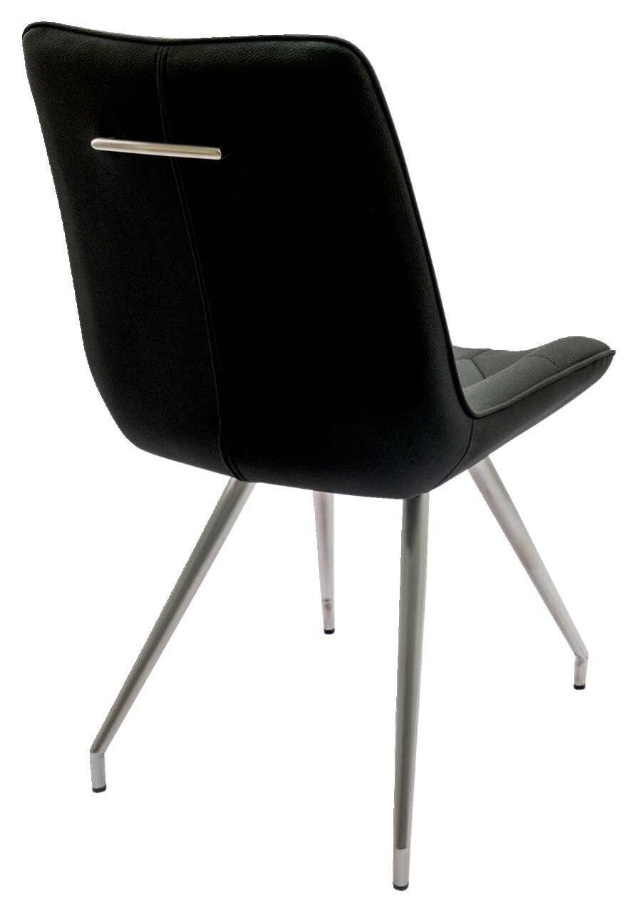 Rückansicht eines modernen schwarzen Stuhls mit Metallbeinen und einem Griff an der Rückenlehne.