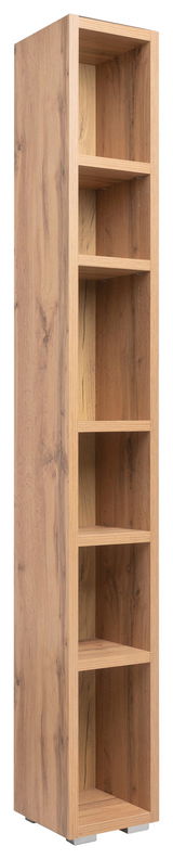 Hohes, schmales Regal aus Holz mit sechs offenen Fächern, seitliche Perspektive