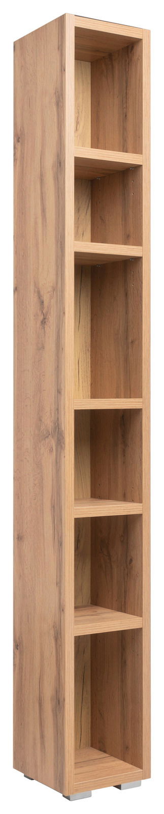 Hohes, schmales Regal aus Holz mit sechs offenen Fächern, seitliche Perspektive